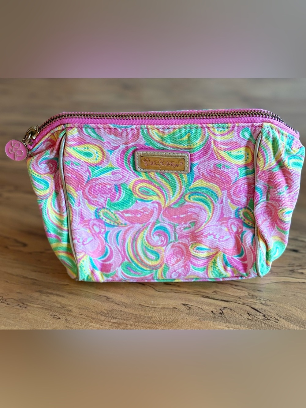 Lilly Pulitzer Pink Green Paisley Flamingo Cosmetic Makeup Bag Pouch Gold Zip